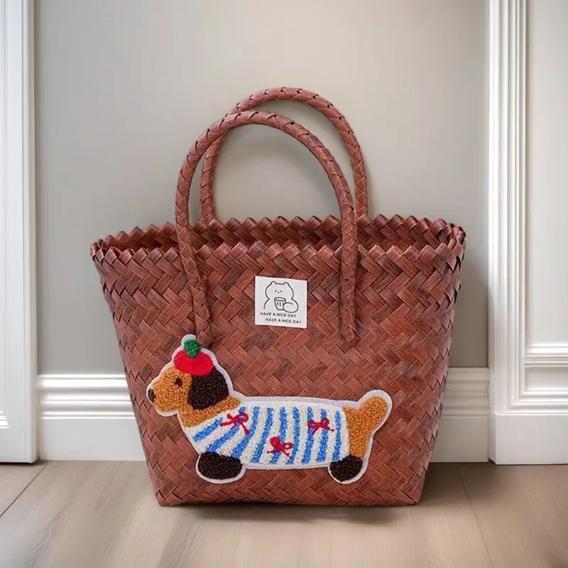 Cute Dachshund Woven Tote Bag Lightweight Striped Basket Bag Embroidered Dog Beach