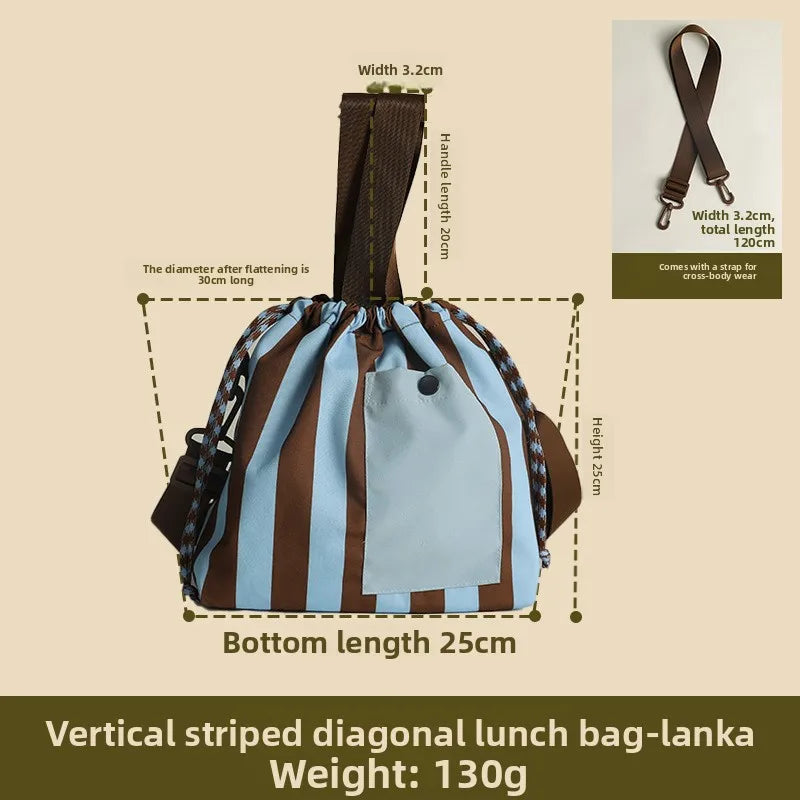Polyester Lightweight Striped Color-Blocking Hand-Held Lunch Bag Large-Capacity Drawstring Insulated