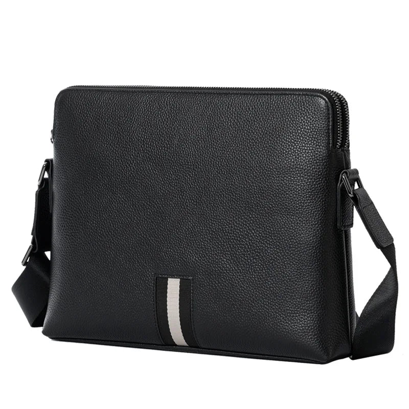 Men S Genuine Leather Crossbody Bag Contrasting Webbing Commuting Travel Single-Shoulder Bag