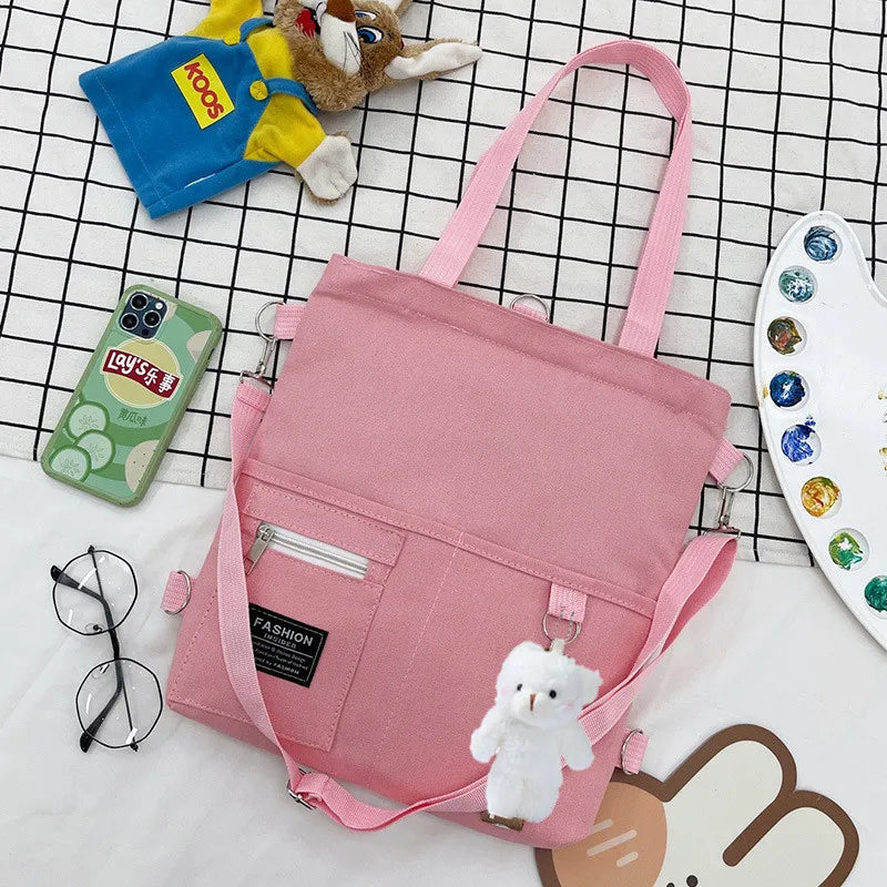 Cute Canvas Tote Bag with Bear Charm – Large Capacity Shoulder Bag