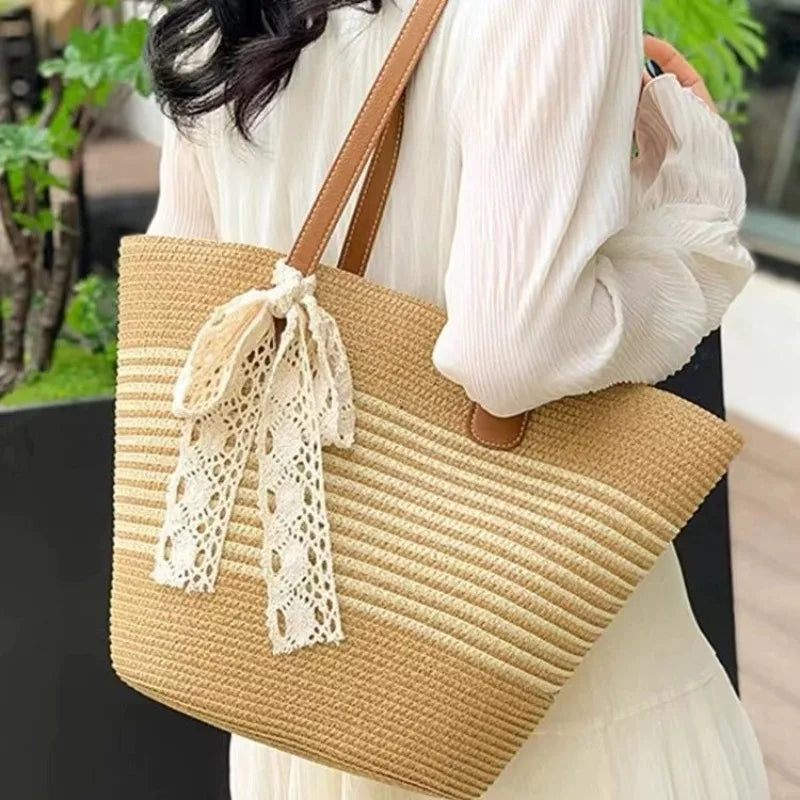 Large Capacity Woven Straw Bag Spring Casual Style Beach Shoulder Polyester Lining Zipper Closure