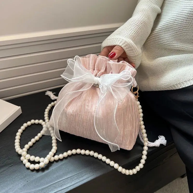 Canvas Crossbody Bag with Bowknot & Faux Pearl Chain