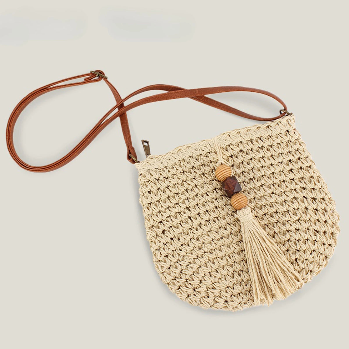 Straw Crossbody Bag with Tassel & Adjustable Leather Strap