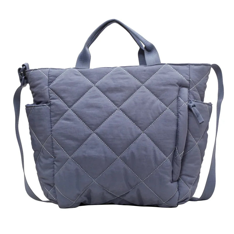 Quilted Nylon Tote Bag – Detachable Strap Multi-Pocket Shoulder Bag