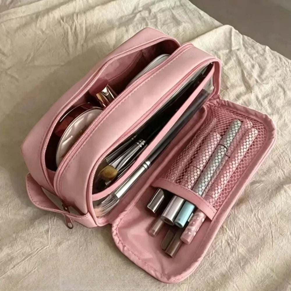 Double Layer Cosmetic Bag Nylon Travel Makeup Organizer Large Capacity Toiletry Multifunction Pencil