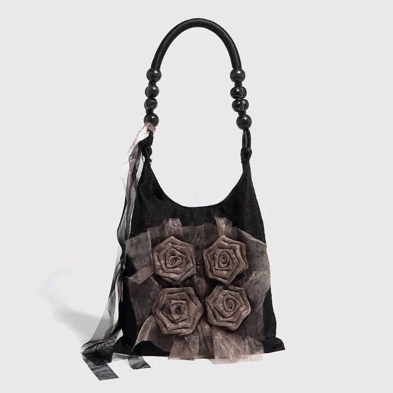 Chinese Style Rose Decor Shoulder Bags Commuter Tote Classic Pleated Handbags Women Underarm