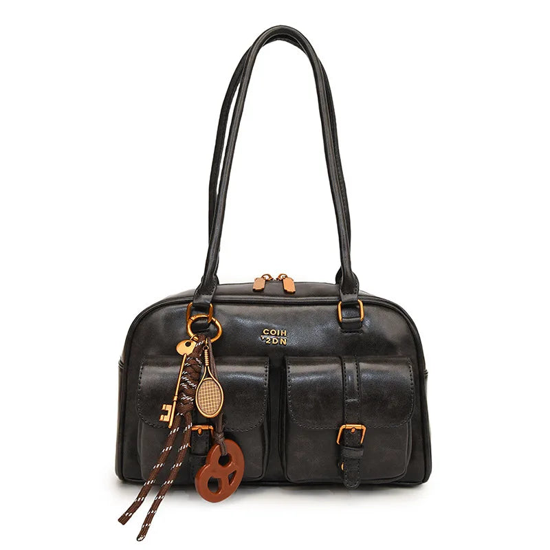Women's Multi-Pocket Shoulder Tote Bag with Gold Hardware