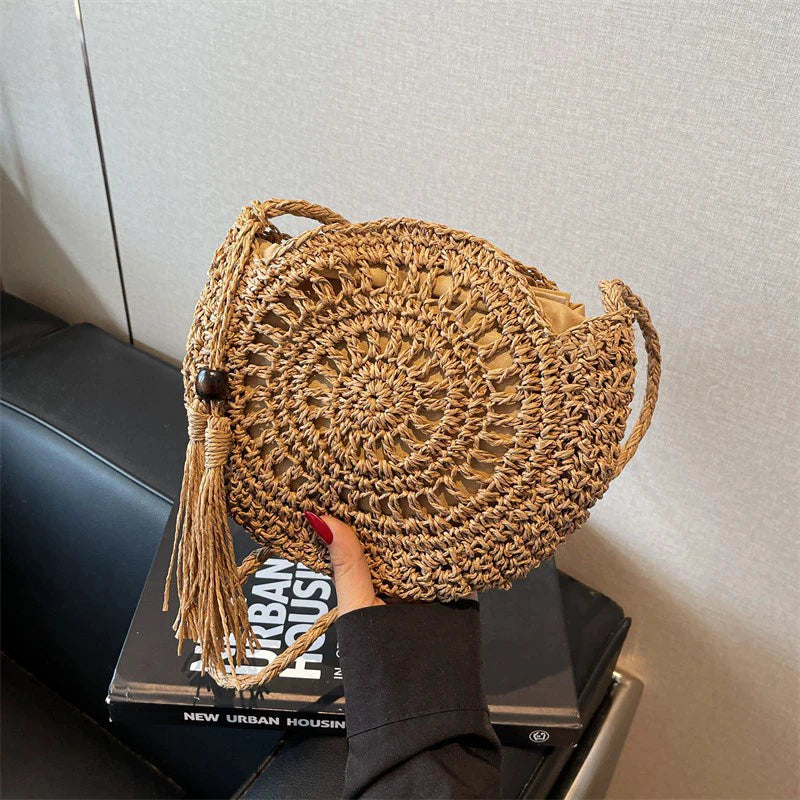 Women Hollow Straw Bag Circle Rattan Round Soft Paper Rope Shoulder Tassel Summer Beach Handmade
