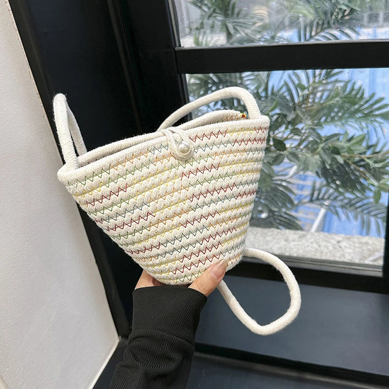 Casual Cotton Woven Women Handbag Small Weaving Shelll Summer Beach Bag Shopper Tote Ladies Travel