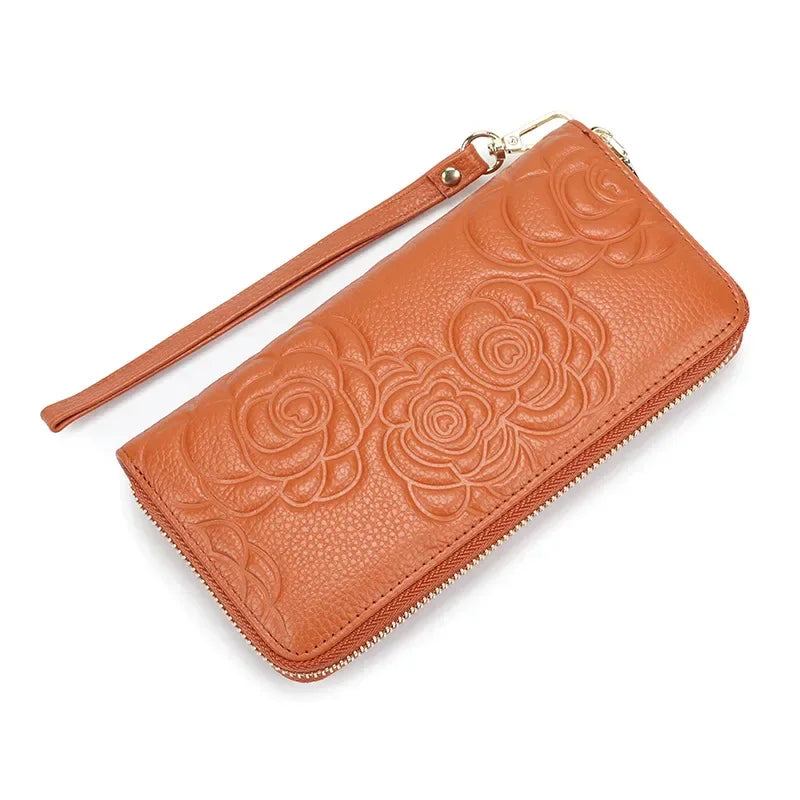 Women S Purse Leather Premium Long Single Zipper Bag Large Capacity Mobile Phone Storage Camellia