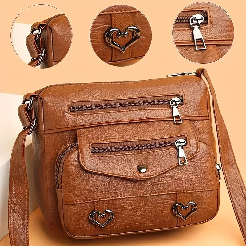 Multi-Pocket Leather Crossbody Bag for Women