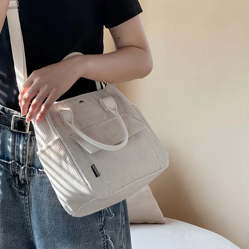 Large Capacity Corduroy Shoulder Bag with Side Pockets