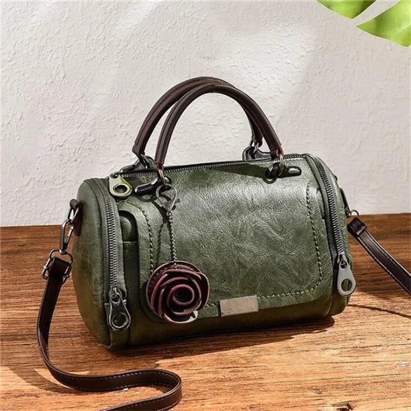 Rose Pendant Boston Handbag for Women – Vintage Leather Shoulder Bag