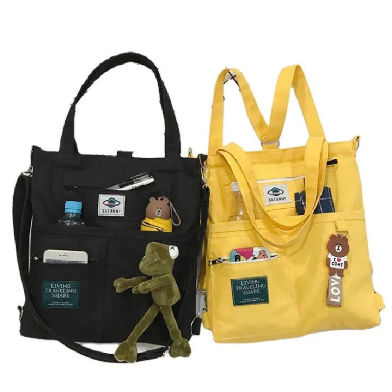 Canvas Tote Shoulder Bag – Large Capacity with Cute Animal Pendant