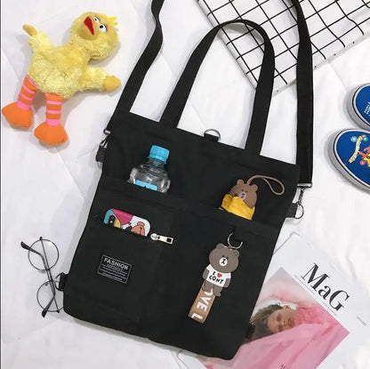 Canvas Tote Shoulder Bag – Large Capacity with Cute Animal Pendant