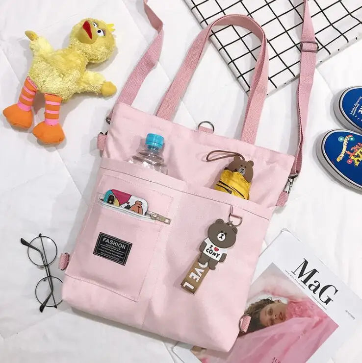 Canvas Tote Shoulder Bag – Large Capacity with Cute Animal Pendant