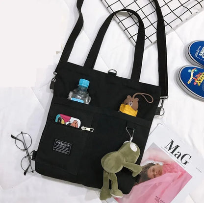 Canvas Tote Shoulder Bag – Large Capacity with Cute Animal Pendant
