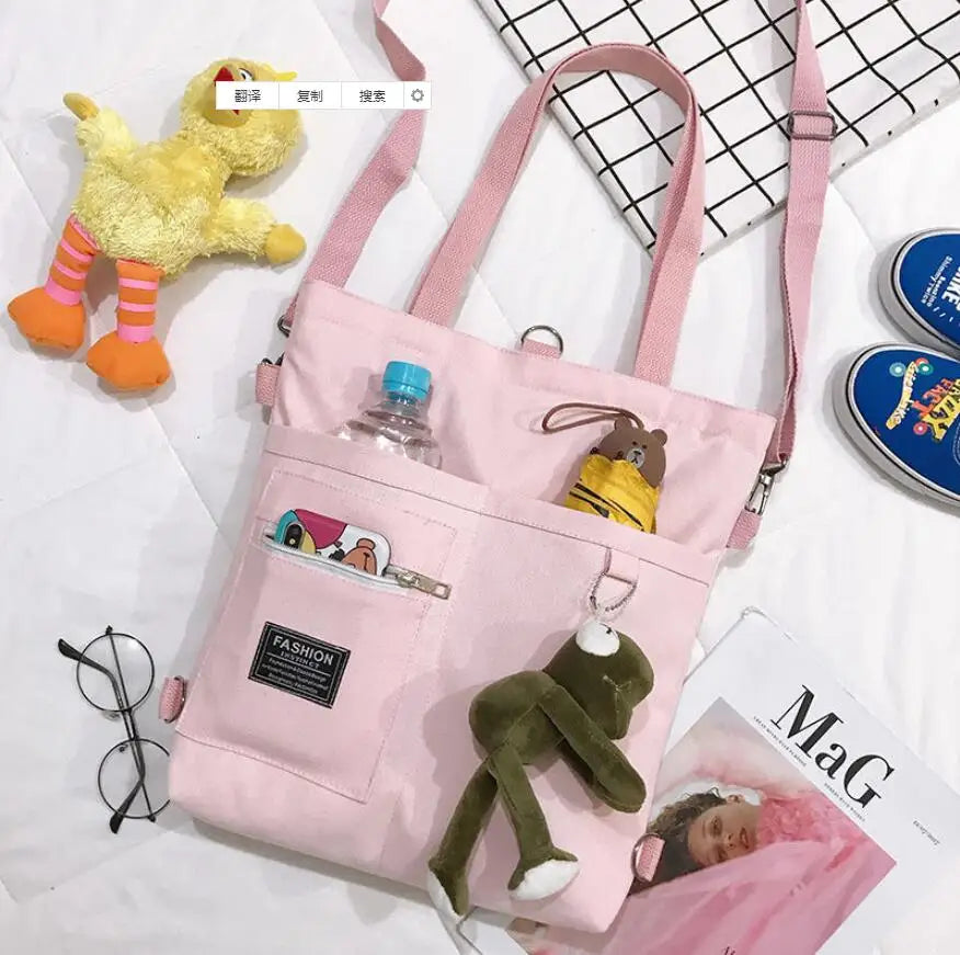 Canvas Tote Shoulder Bag – Large Capacity with Cute Animal Pendant