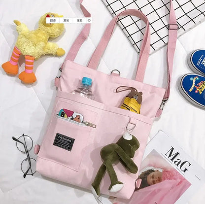 Canvas Tote Shoulder Bag – Large Capacity with Cute Animal Pendant