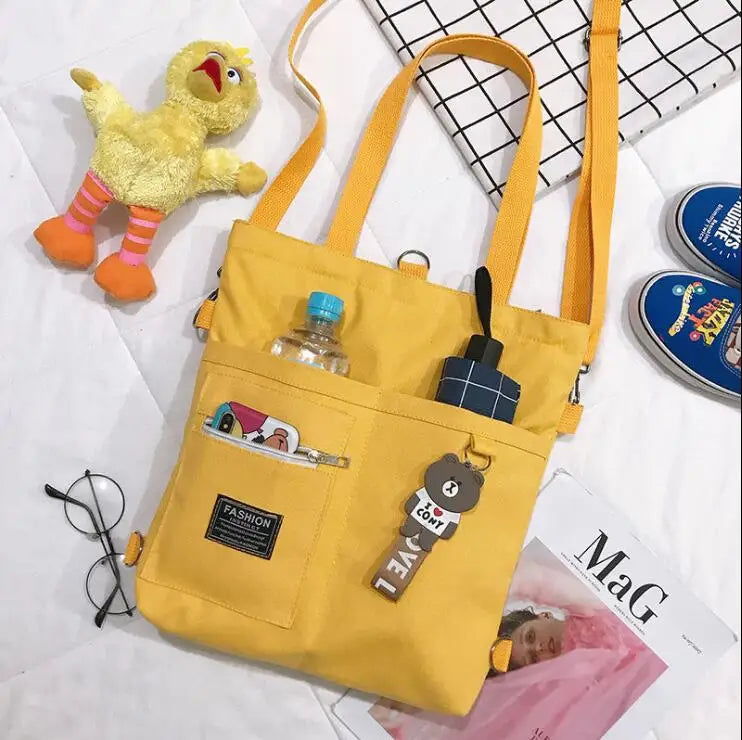 Canvas Tote Shoulder Bag – Large Capacity with Cute Animal Pendant