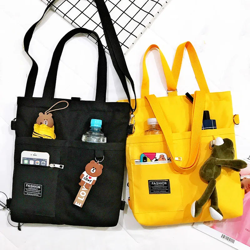 Canvas Tote Shoulder Bag – Large Capacity with Cute Animal Pendant