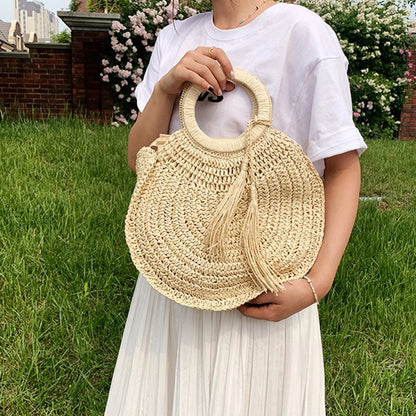 Round Rattan Straw Tote Bag with Tassel for Women