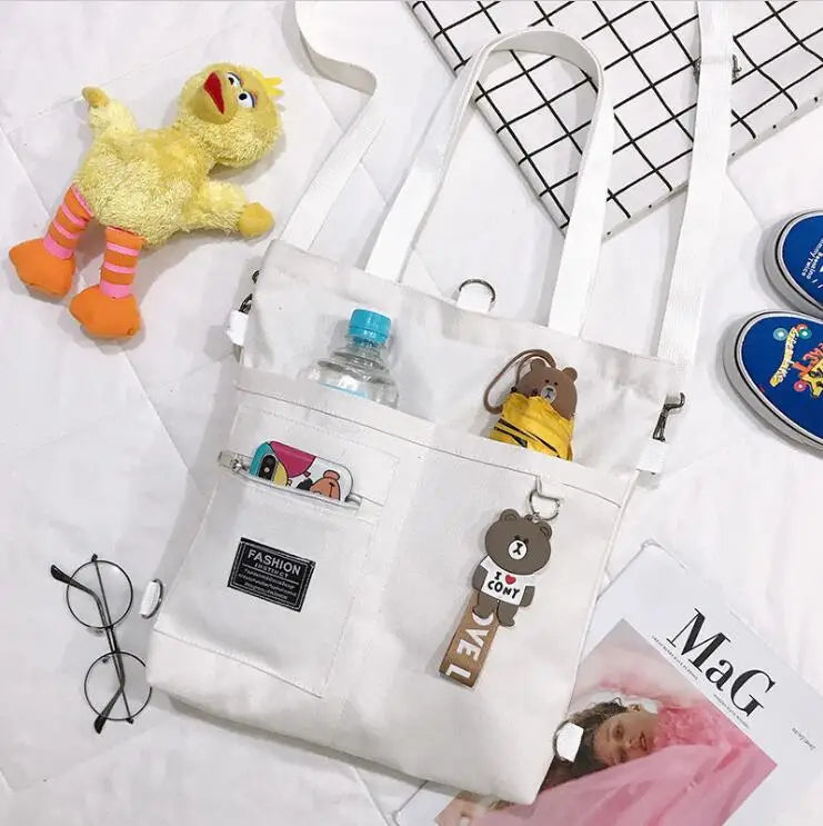 Canvas Tote Shoulder Bag – Large Capacity with Cute Animal Pendant