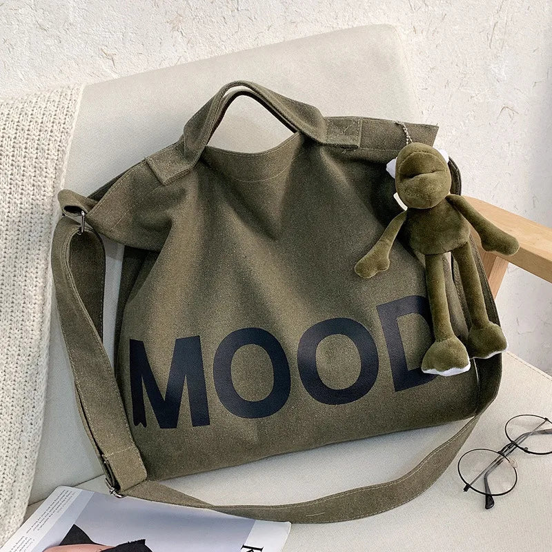 Large Canvas Tote Bag – Women's Shoulder & Crossbody Handbag with Pendant
