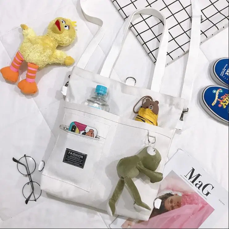 Canvas Tote Shoulder Bag – Large Capacity with Cute Animal Pendant