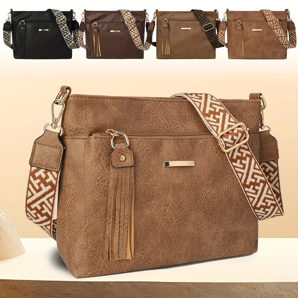 Textured Crossbody Bag – Faux Leather Shoulder Bag with Patterned Strap & Tassel Detail