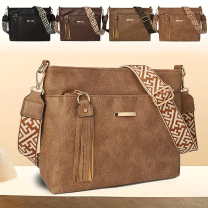 Textured Crossbody Bag – Faux Leather Shoulder Bag with Patterned Strap & Tassel Detail