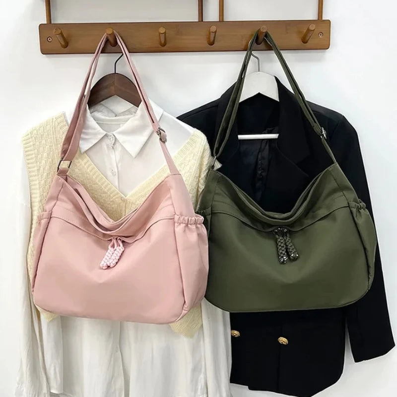 Minimalist Large Capacity Tote Bag Casual Multi Pocket Shoulder Bag Braided Drawstring Crossbody