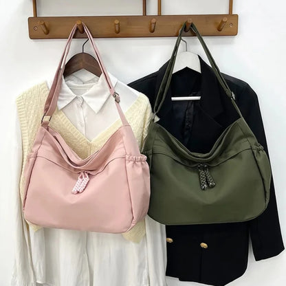 Minimalist Large Capacity Tote Bag Casual Multi Pocket Shoulder Bag Braided Drawstring Crossbody