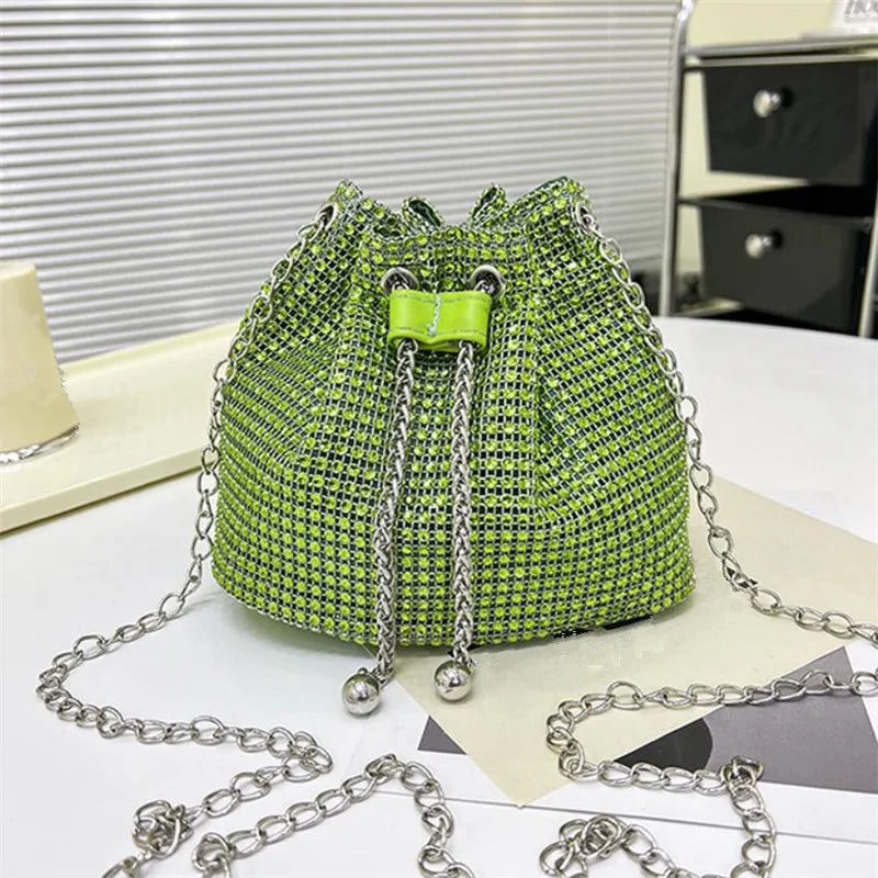 Rhinestone Drawstring Bucket Bag with Chain Strap