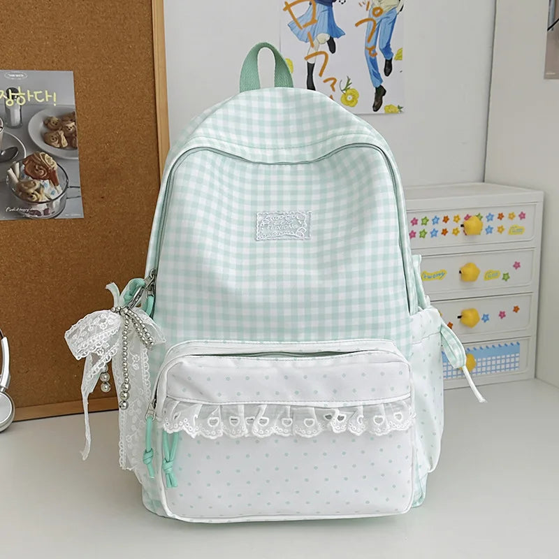 Lightweight Nylon Fabric Polka Dot Color-Blocking Backpack