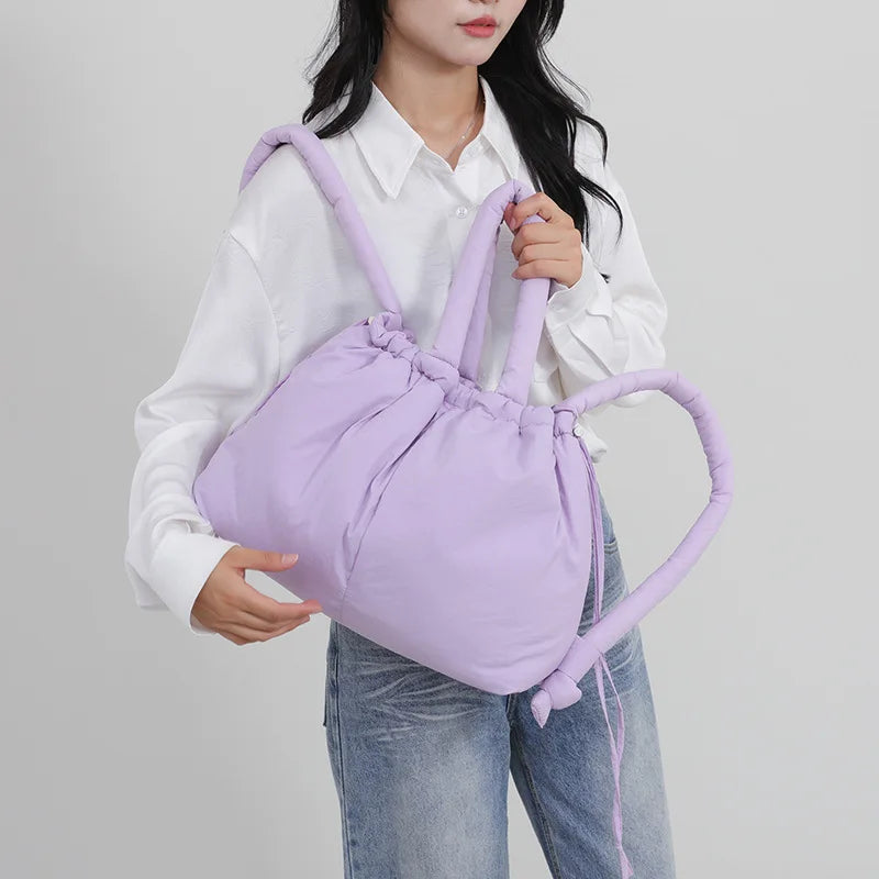 Puffy Drawstring Tote Bag – Thick Padded Dual Handle Shoulder Bag