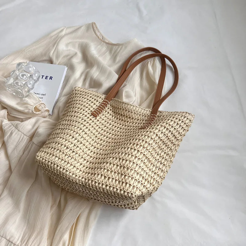 Hand-Woven Women S Shoulder Handbag Bohemian Summer Straw Beach Tote Bag Travel Shopper Weaving