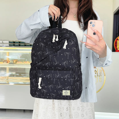 Gentle Romantic Bow Polka Dot Printed Backpack Nylon Lightweight Large Capacity Girls Campus Student