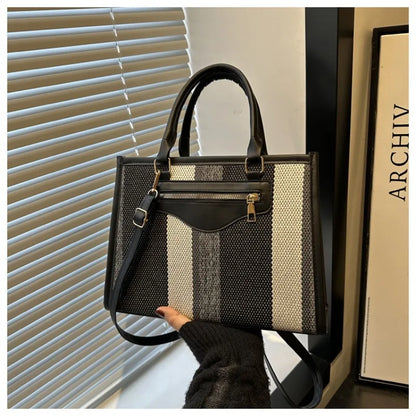 Chic Striped Canvas Tote Bag Work Weekend Every Premium Pu Leather Trim