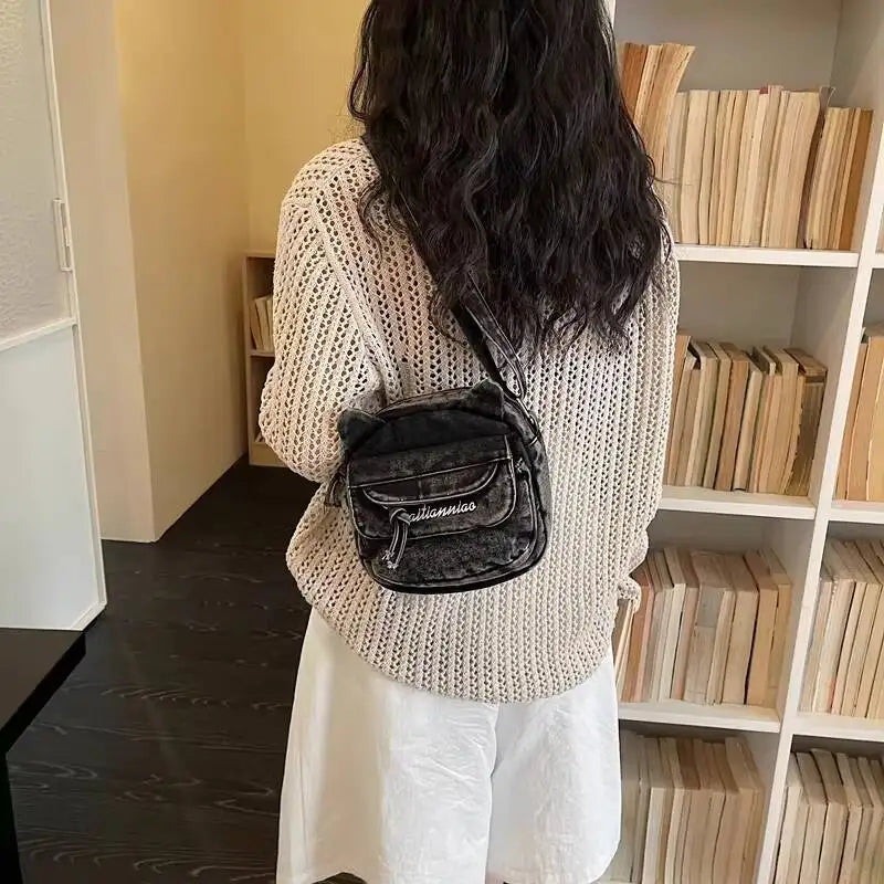 Cat Ear Denim Crossbody Bag – Mini Shoulder Bag for Women