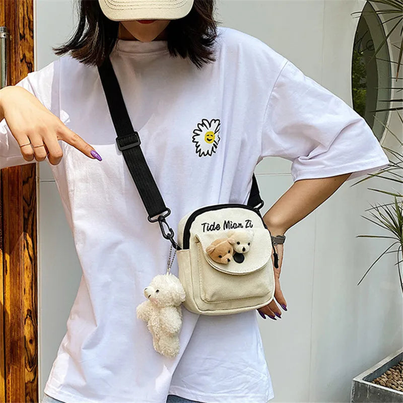 Canvas Crossbody Phone Bag with Cute Bear Plush Pins