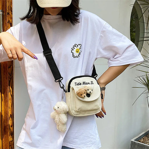 Canvas Crossbody Phone Bag with Cute Bear Plush Pins