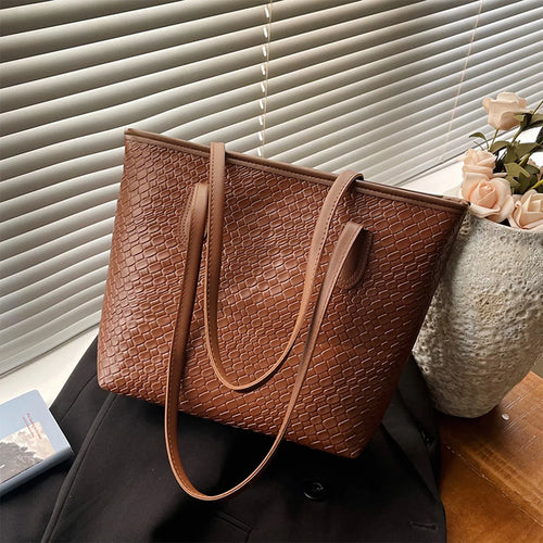 Retro Trendy Women Tote Bag Solid Color Glossy Pu Handbags Woven Texture Large Capacity Shopping