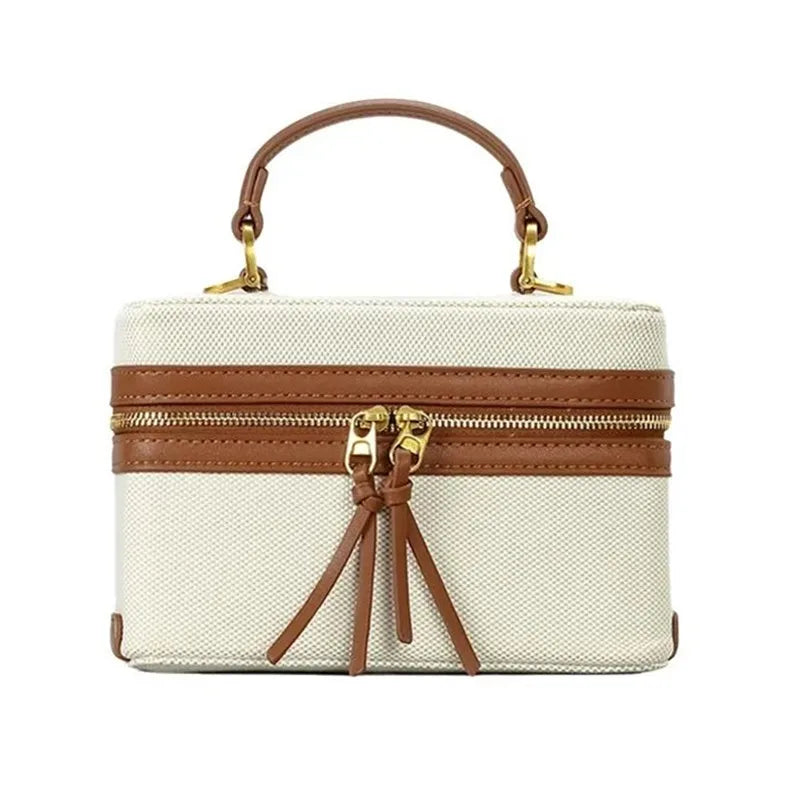 Canvas & Leather Box Bag – Retro Crossbody Tote for Women