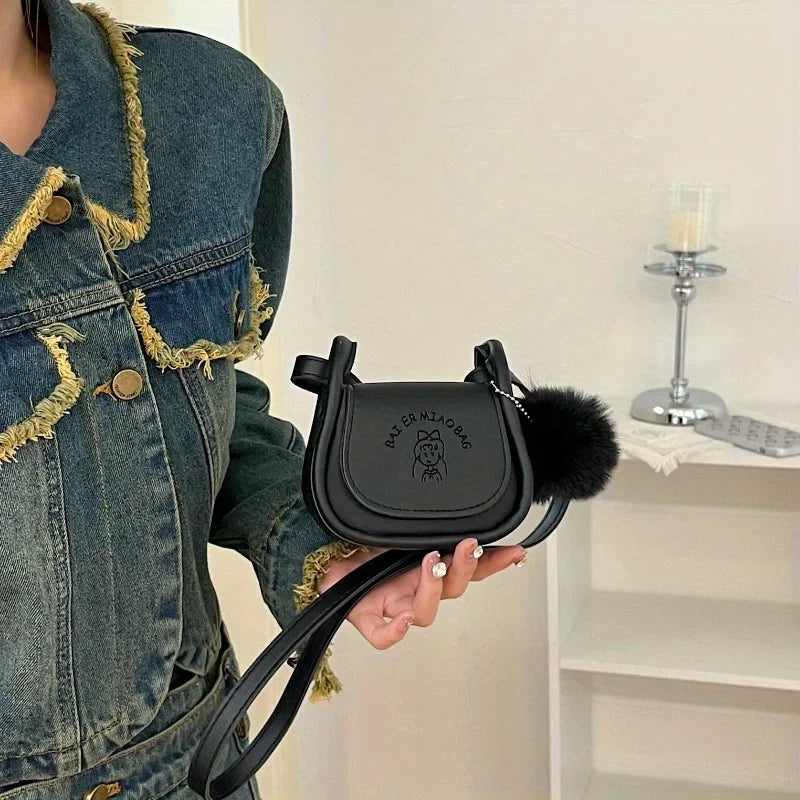 Mini PU Leather Shoulder Bag with Pompom Charm & Adjustable Strap