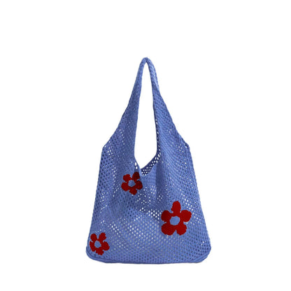 Crochet Flower Mesh Tote Bag - Summer Knitted Shoulder Handbag