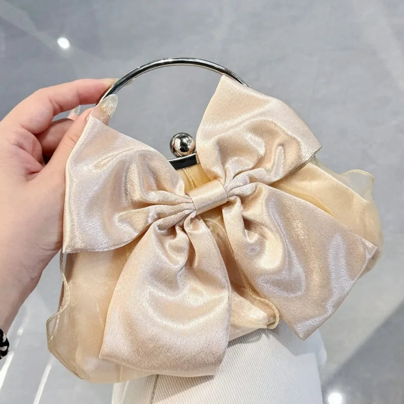 Satin Bow Clutch Bag for Women – Kiss Lock Top Handle Handbag