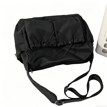 Black Nylon Crossbody Bag – Multi-Pocket Drawstring
