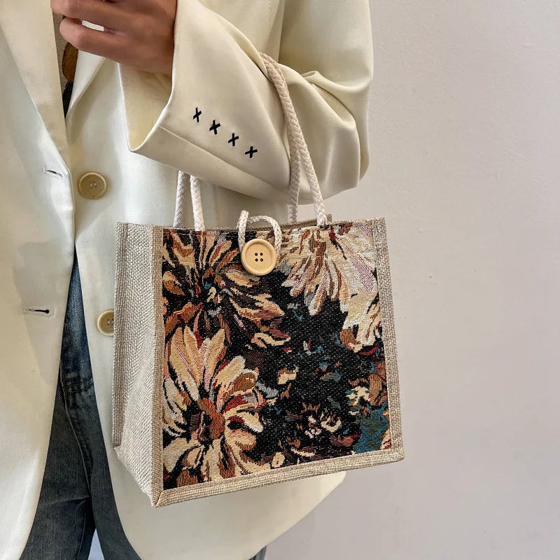Linen Beach Tote Bag with Floral Print & Button Closure