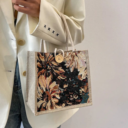 Linen Beach Tote Bag with Floral Print & Button Closure